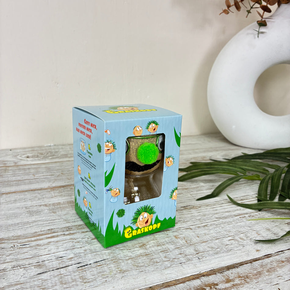 Graskopf Im Glas Grün 12cm Gesicht Pflanze Pflanz-Set Grasgesicht Deko