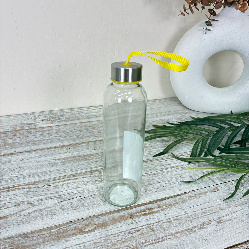 Trinkflasche 500ml Glas Transparent Gelbes Band Metalldeckel Wasserflasche