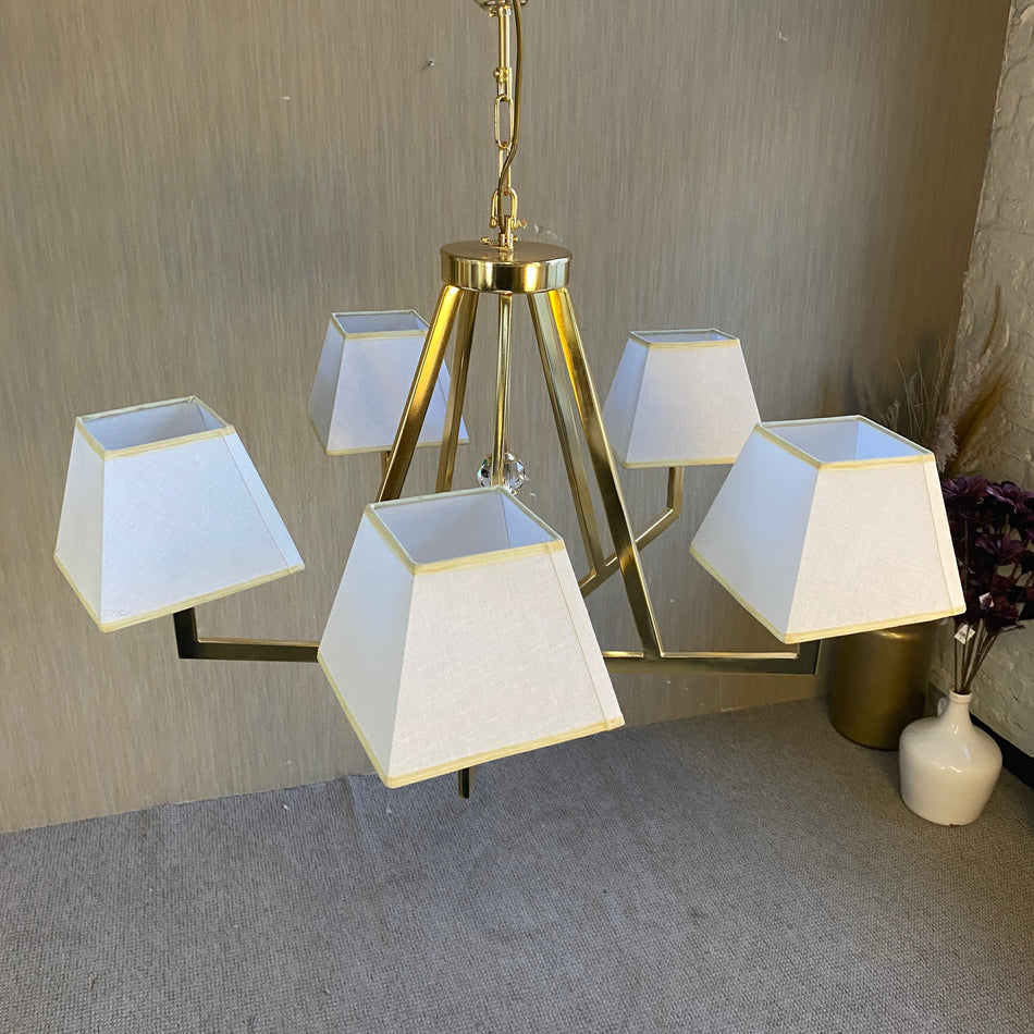 Goldene Pendelleuchte mit Stoffschirmen 5 flammig– Lampe Agadir