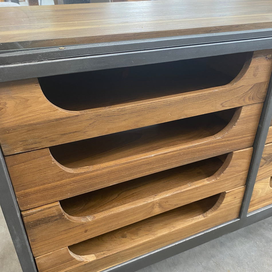 Kommode grau Akazie Massivholz Metall Industrial Stil Schubladen Vitrine