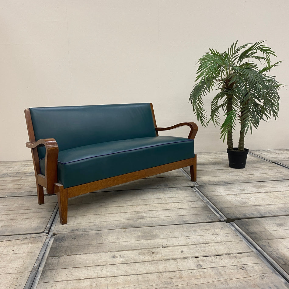 Mid Century Sofa grün Leder Holz Vintage Couch