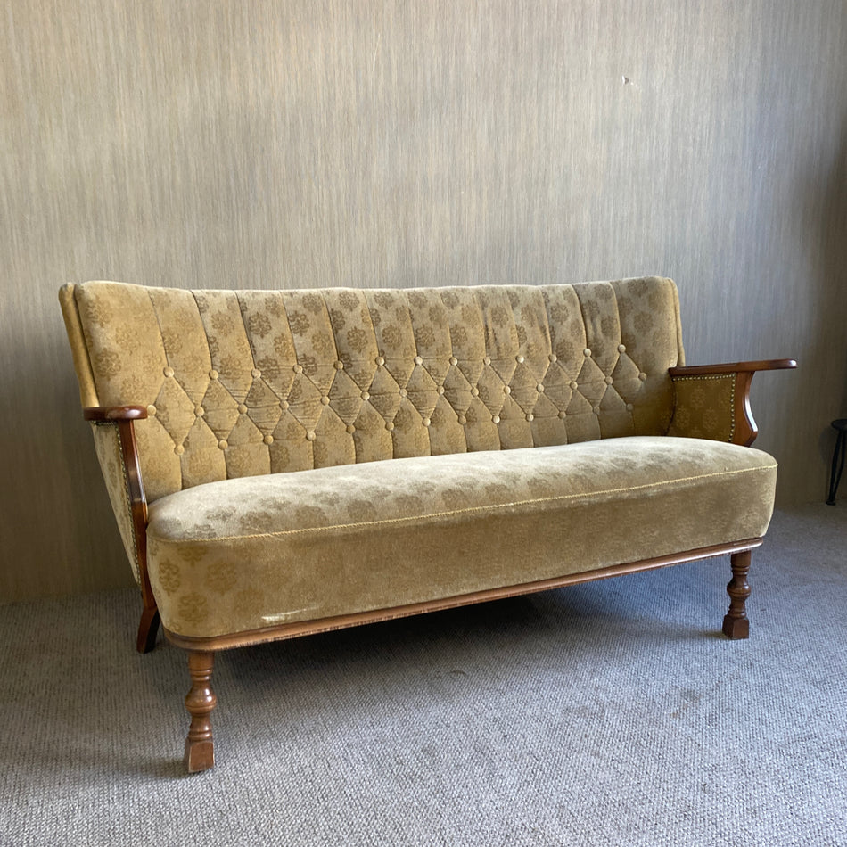 Vintage Sofa gebraucht grau grün Stoff Holz 2 Sitzer Sofa