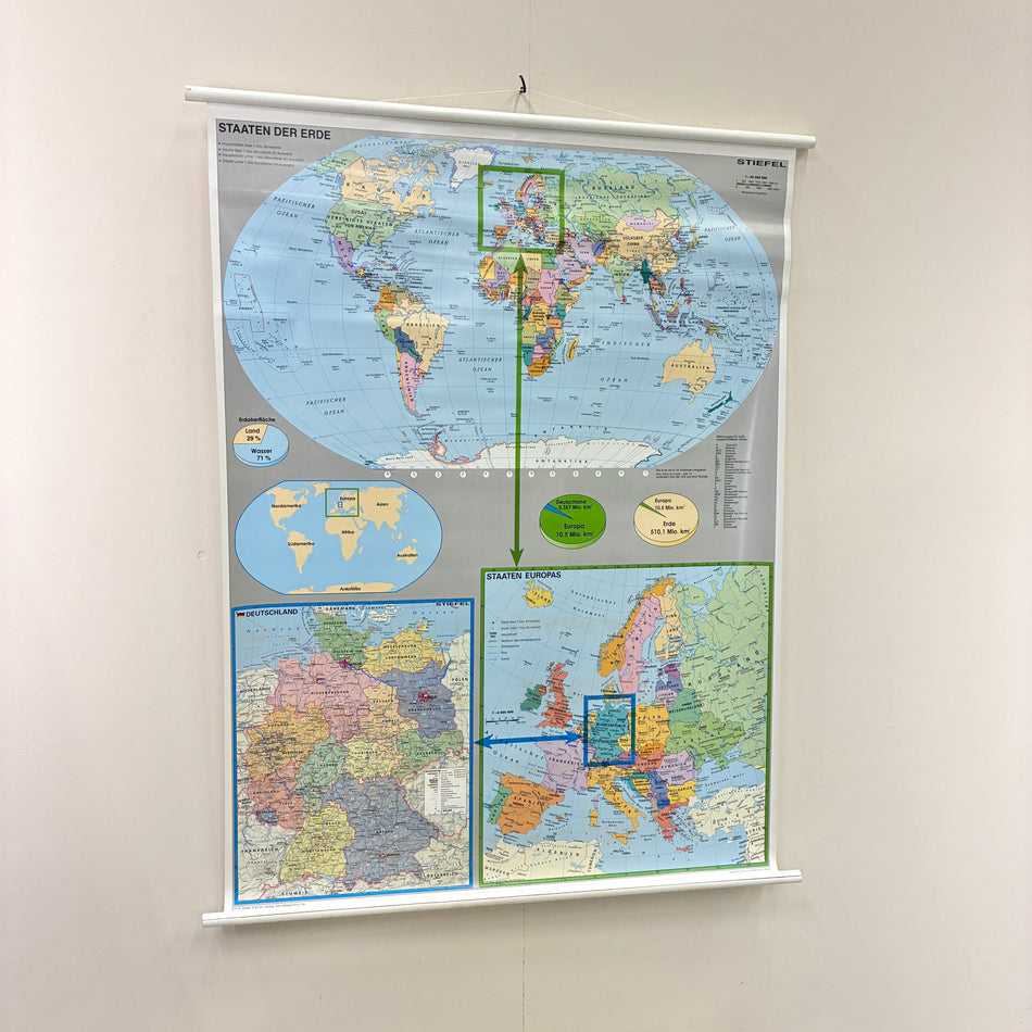 Vintage Schulkarte - Staaten der Erde & Deutschland - Rollbild Lehrtafel Wanddeko