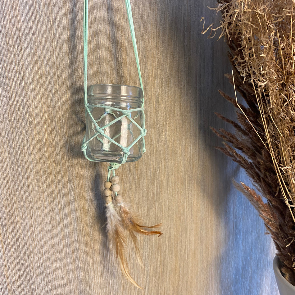 Teelichthalter Lederanhänger Boho 60cm minzgrün Deko