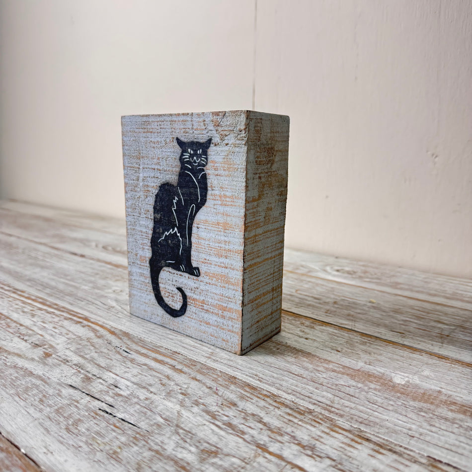 Holzblock 15cm Holz Katze Weiß Schwarz Vintage Shabby Deko