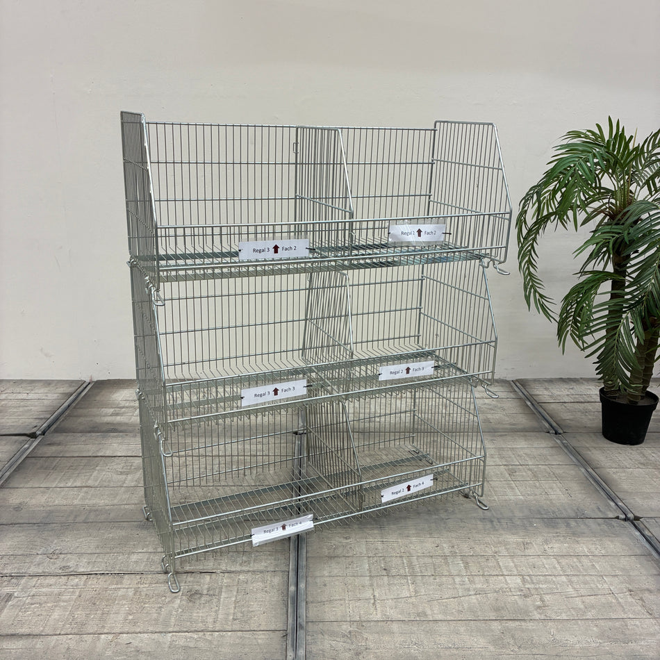 Wire basket, stacking basket, chrome-plated metal, divider, display stand, shelf, used