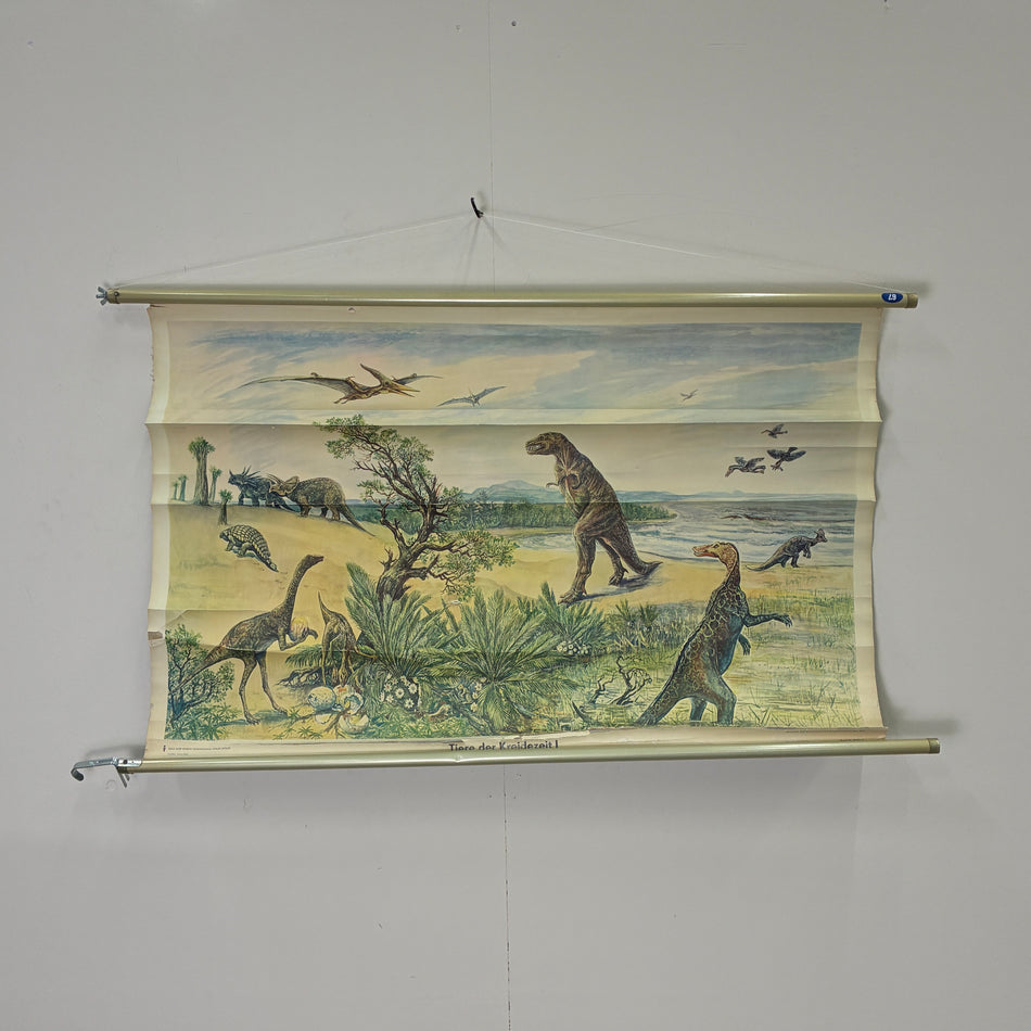 Vintage Schulkarte Tiere der Kreidezeit I Dinosaurier Rollbild Lehrtafel Wanddeko