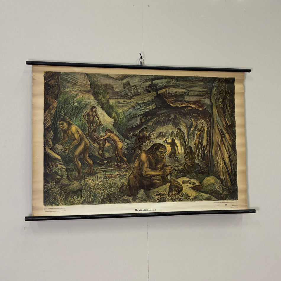 Vintage Schulkarte Urmenschen Sinanthropus Steinzeit Rollbild Lehrtafel DDR Wanddeko