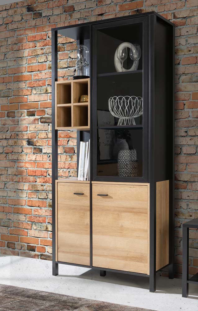 CALI Standvitrine Schwarz / Riviera Eiche Schrank Vitrine