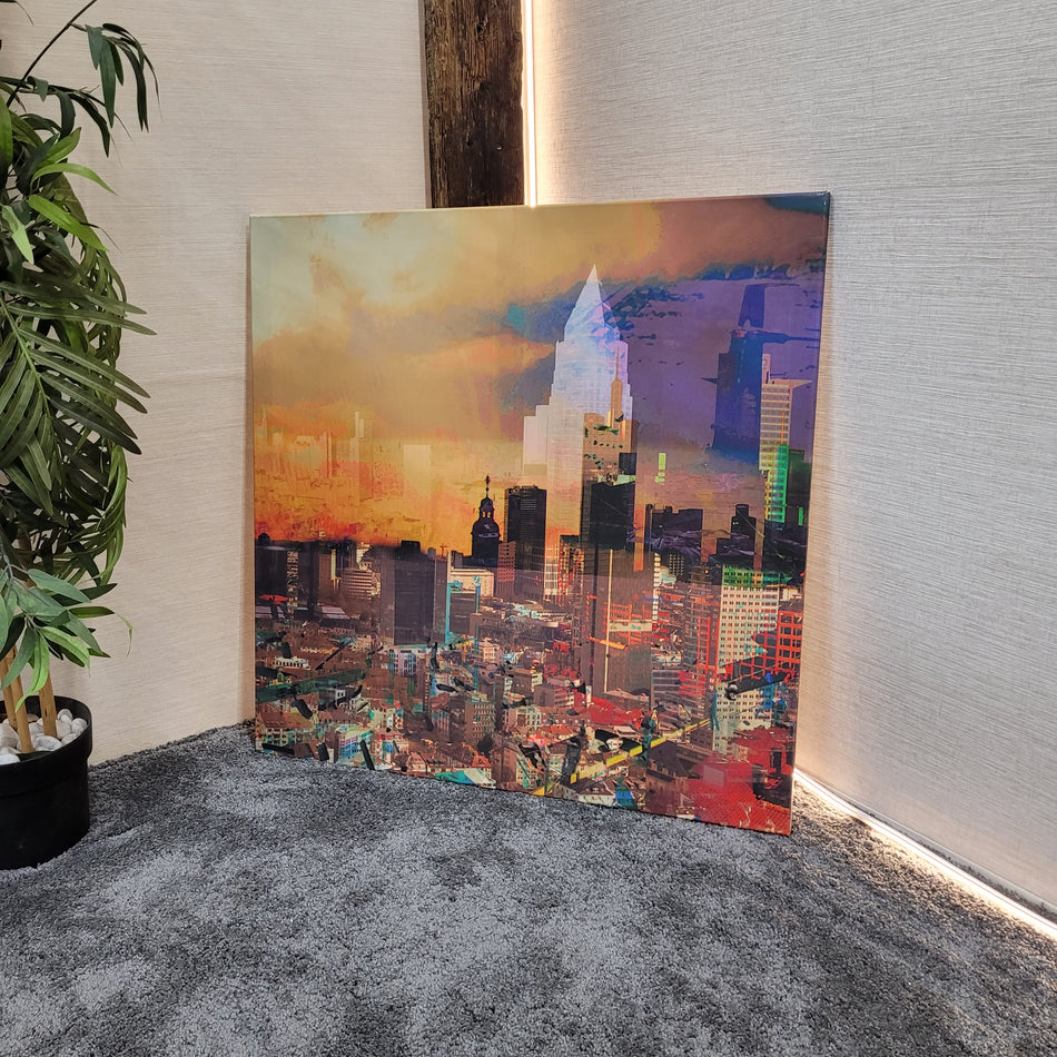Wandbild Leinwand gebraucht orange bunt Motiv Frankfurt Innenstadt Bild 90x90