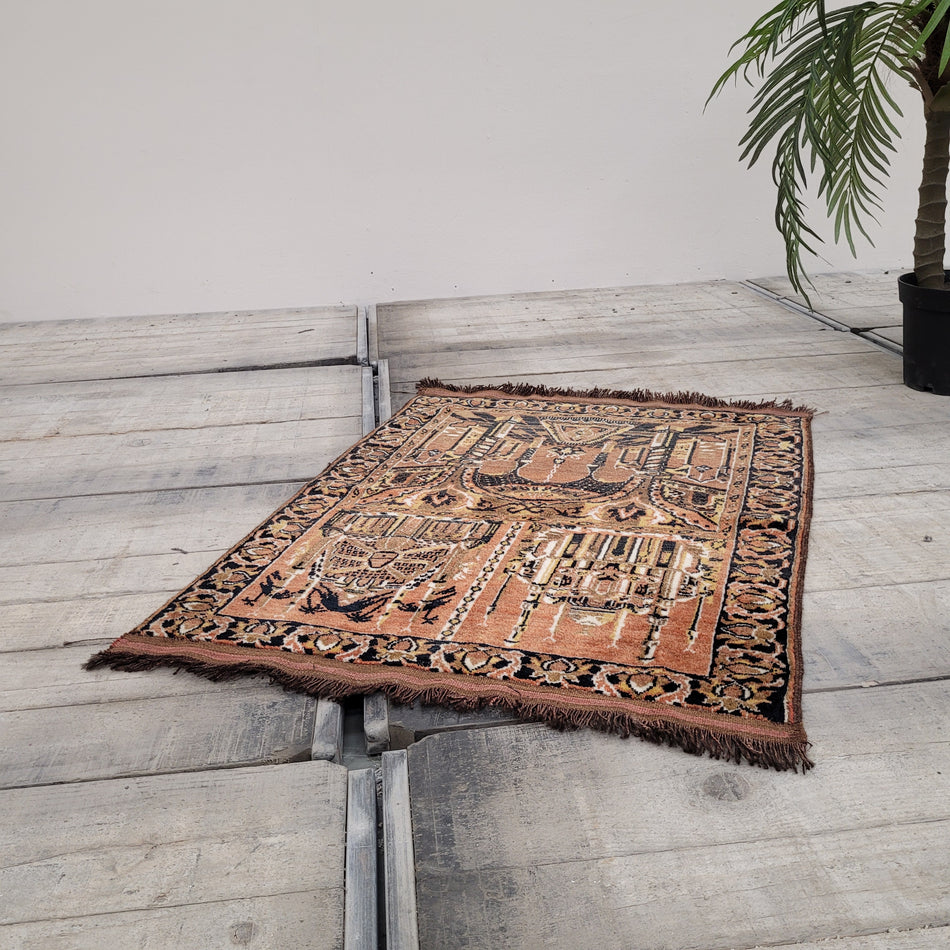 Antiker Orientteppich 80x115 Gebetsteppich Seide Wolle Moschee Motiv Braun