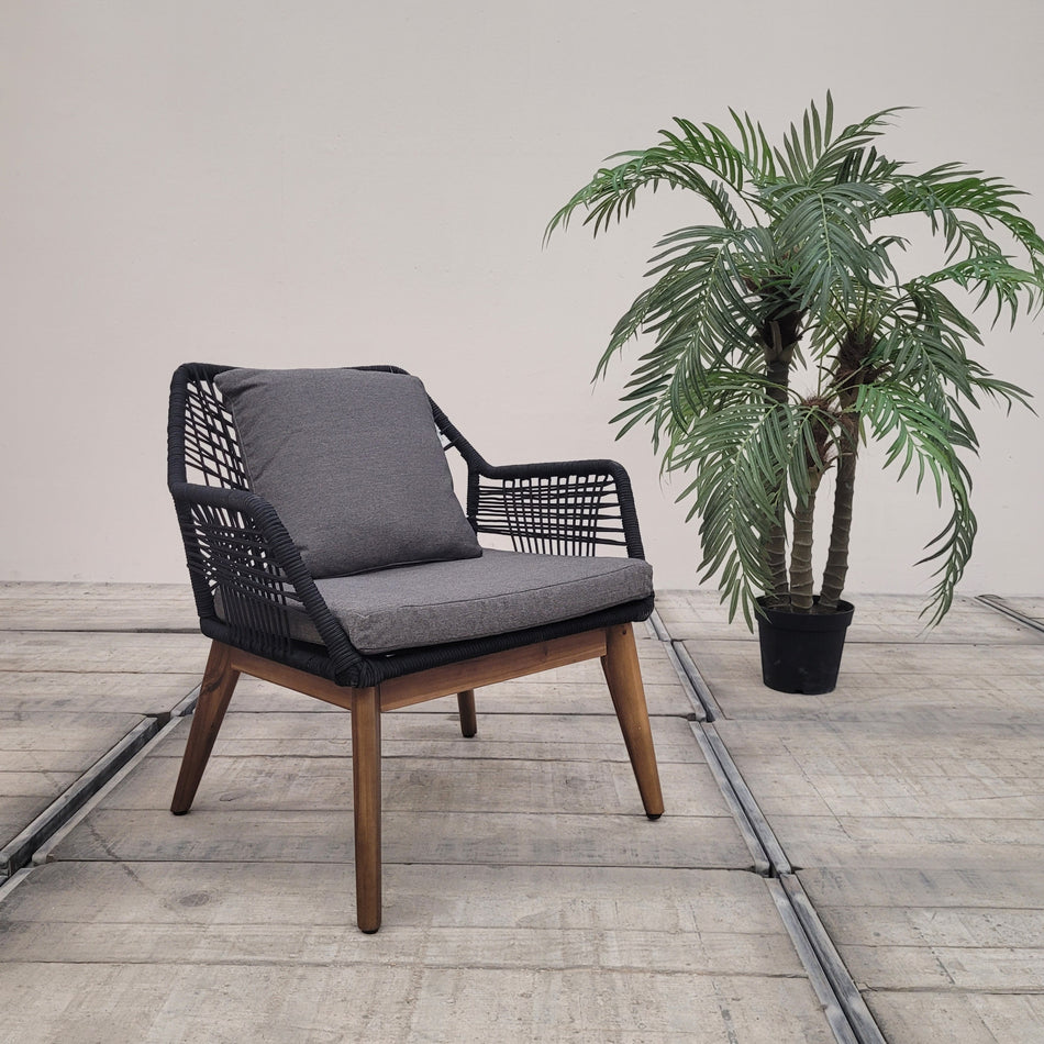 Design Outdoor Sessel Grau Geflecht Holz Garten Loungesessel