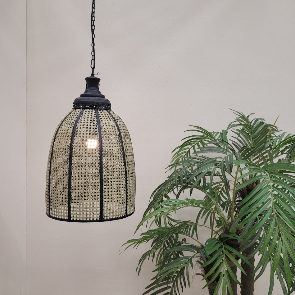 Hängeleuchte Schwarz/Beige Metall Rattan-Optik Deckenlampe Lampe