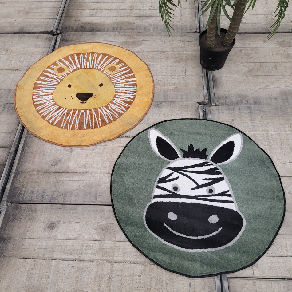 Kinderteppich 2er Set Rund Löwe Zebra Spielteppich Grün Gelb Neuwertig