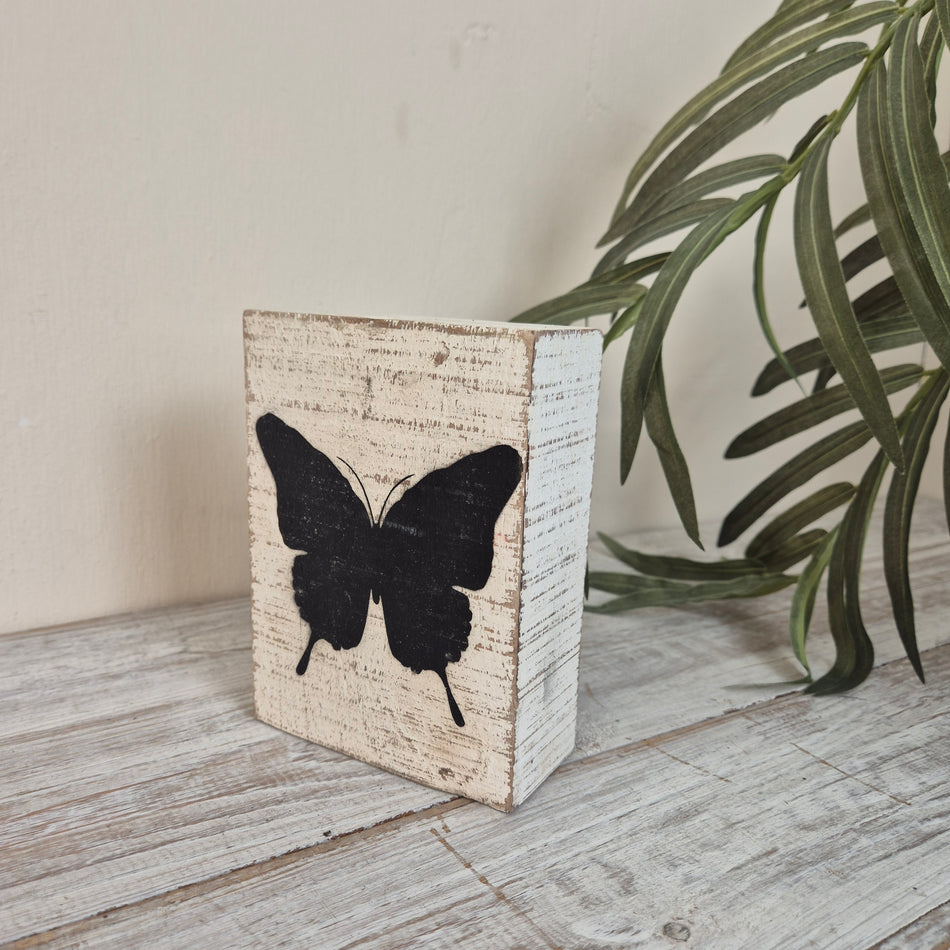 Dekorativer Block Holz Schmetterling Weiß Schwarz 15 cm