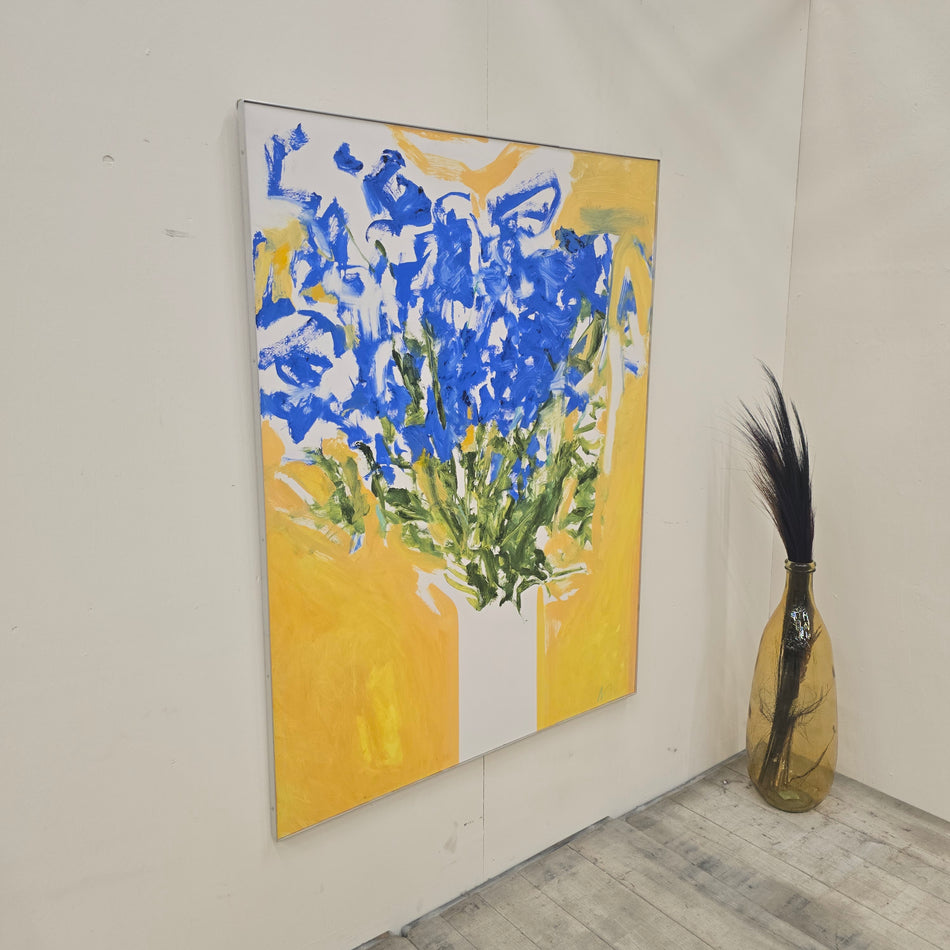 Großes Gemälde Leinwandbild Blumen Motiv Gelb Blau Gerahmt Gebraucht