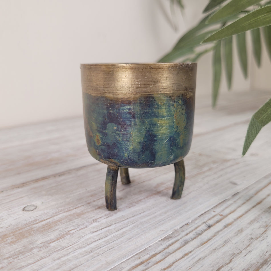 Design Teelichthalter Metall Gold Blau Grün Patina 8cm Deko