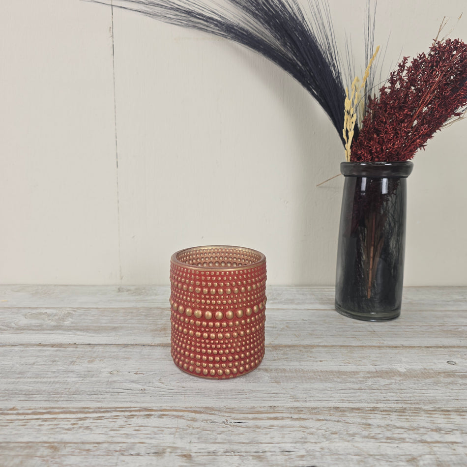 Countryfield Teelichthalter Nelle 10 cm Glas Rot Gold Muster Deko