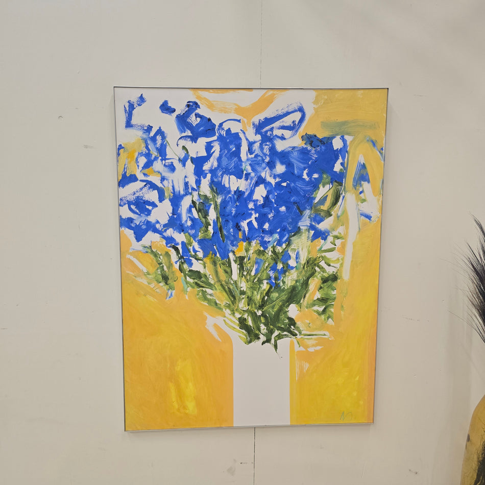 Großes Gemälde Leinwandbild Blumen Motiv Gelb Blau Gerahmt Gebraucht