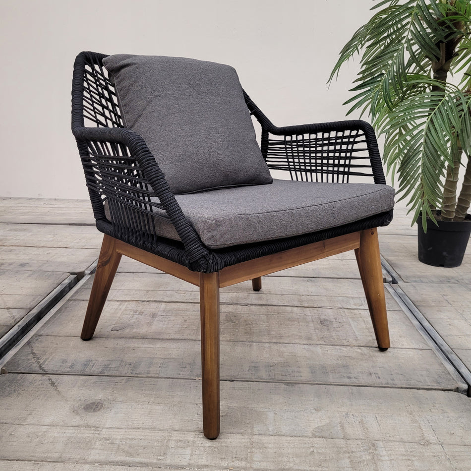 Design Outdoor Sessel Grau Geflecht Holz Garten Loungesessel