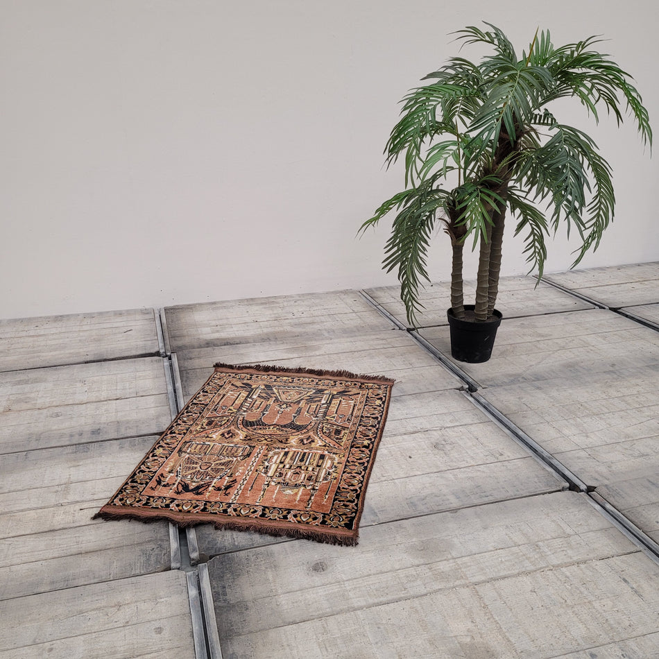 Antiker Orientteppich 80x115 Gebetsteppich Seide Wolle Moschee Motiv Braun