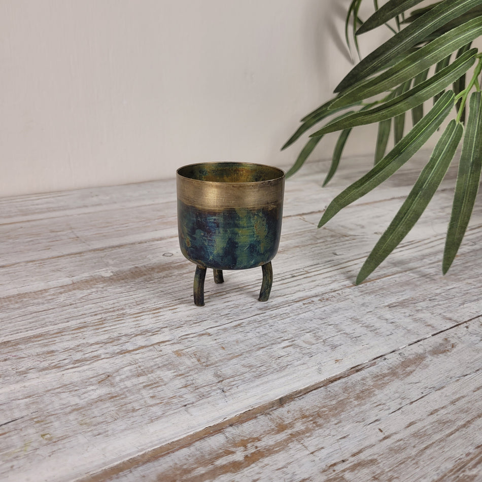 Design Teelichthalter Metall Gold Blau Grün Patina 8cm Deko