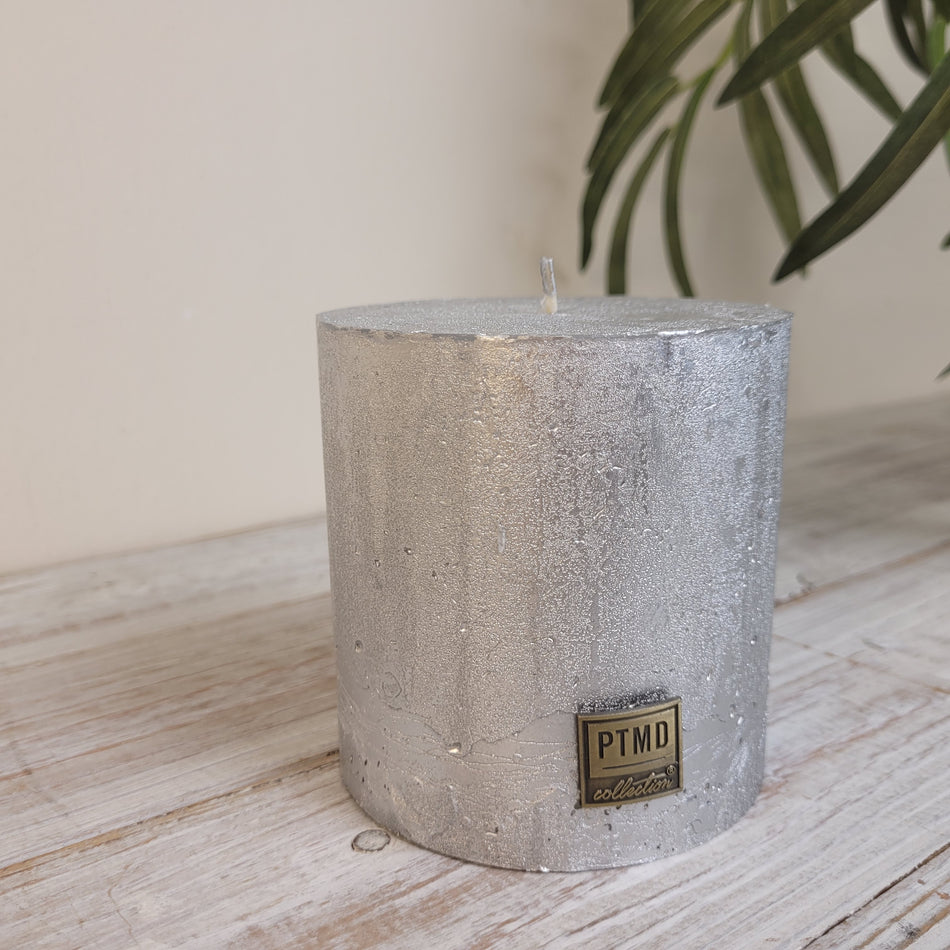 PTMD Stumpenkerze Silber Struktur Rustikal Kerze Deko 10cm