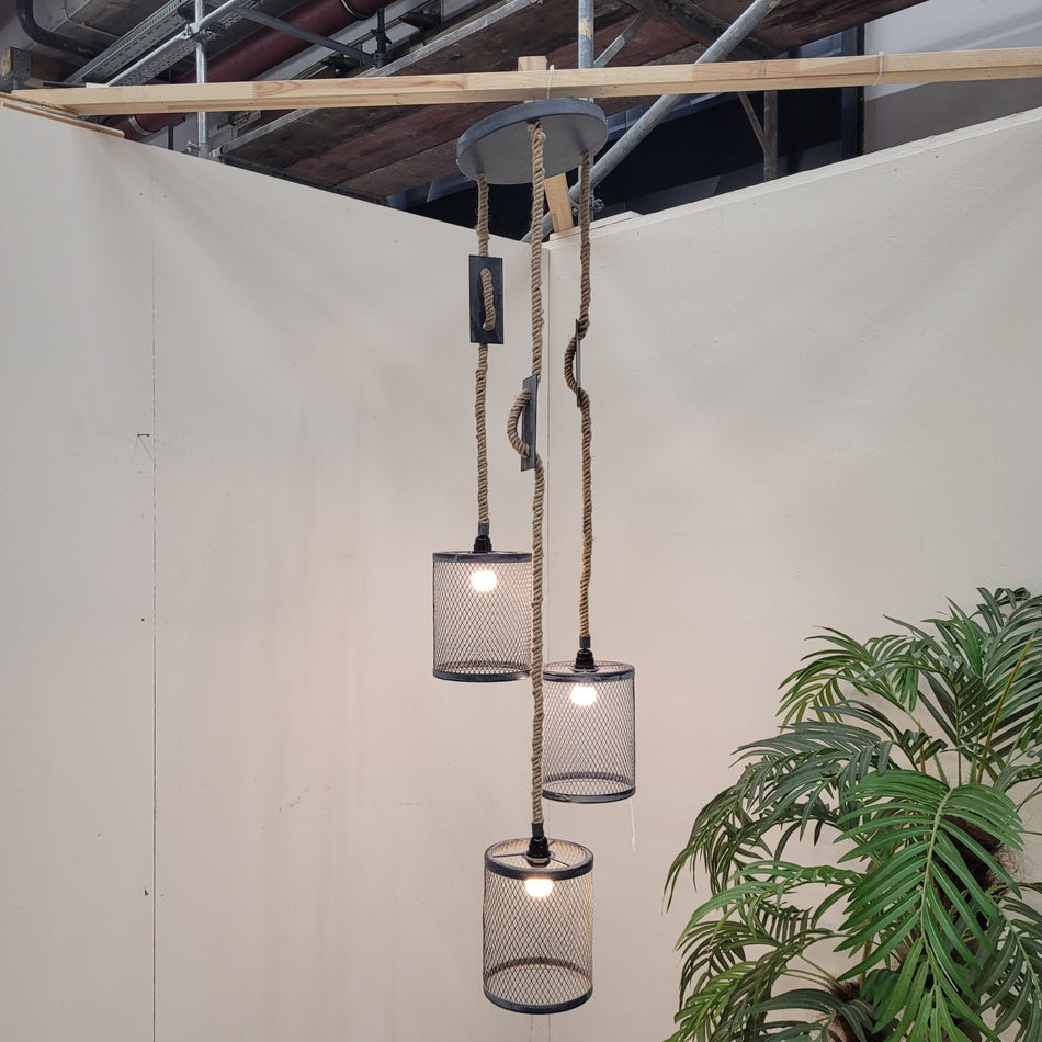 Hängeleuchte Schwarz Metall Industrial-Design Seil 3flammig Lampe Deckenlampe