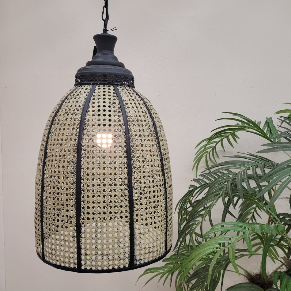 Hängeleuchte Schwarz/Beige Metall Rattan-Optik Deckenlampe Lampe