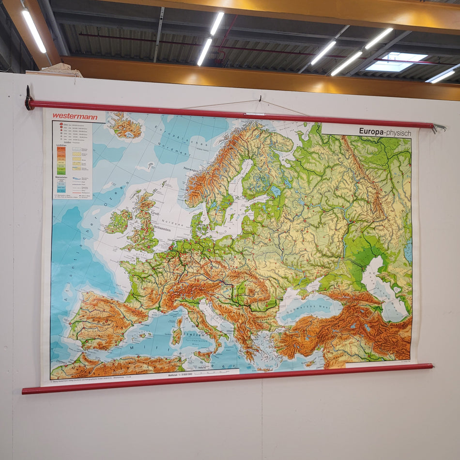 Vintage Schulwandkarte Europa physisch – Lehrtafel Rollbild Wanddeko