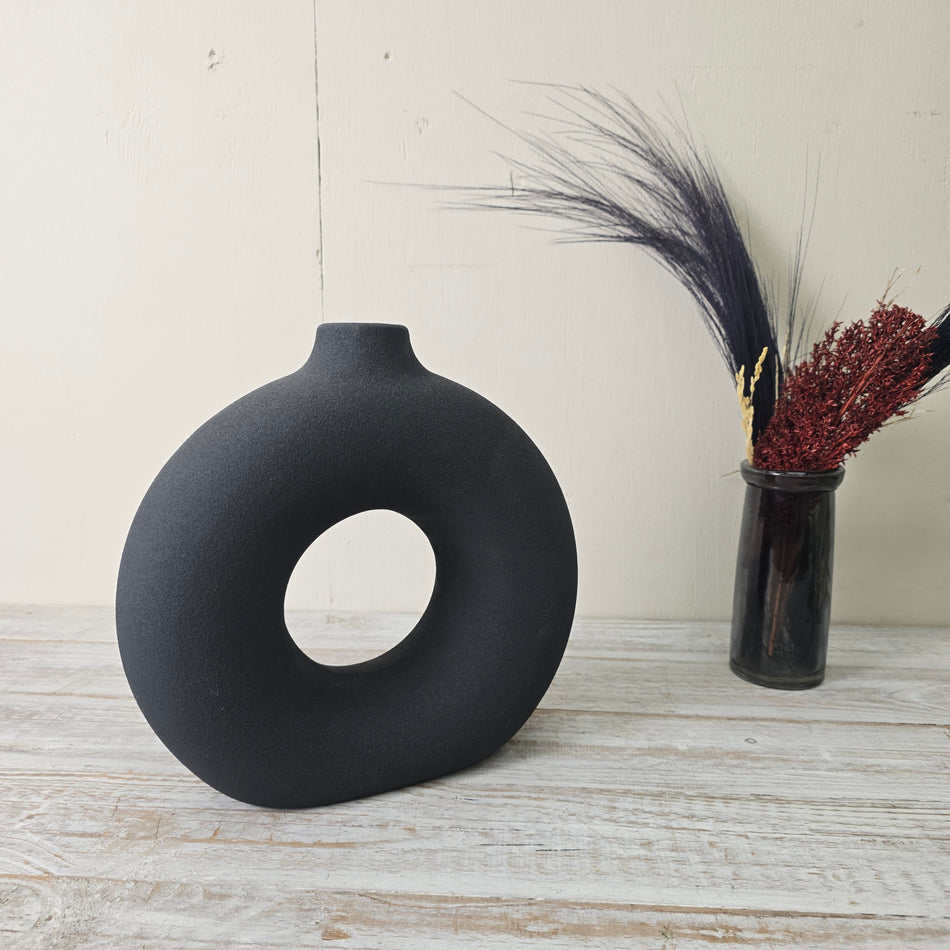 Deko Vase 31cm Donut Ring Schwarz Matt Keramik Struktur