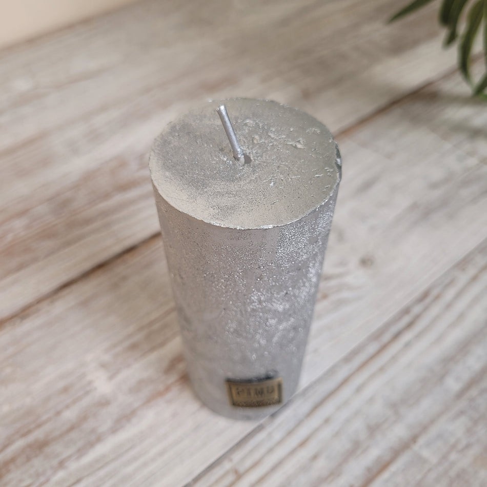 PTMD Stumpenkerze Silber Struktur Rustikal Kerze Deko 12cm