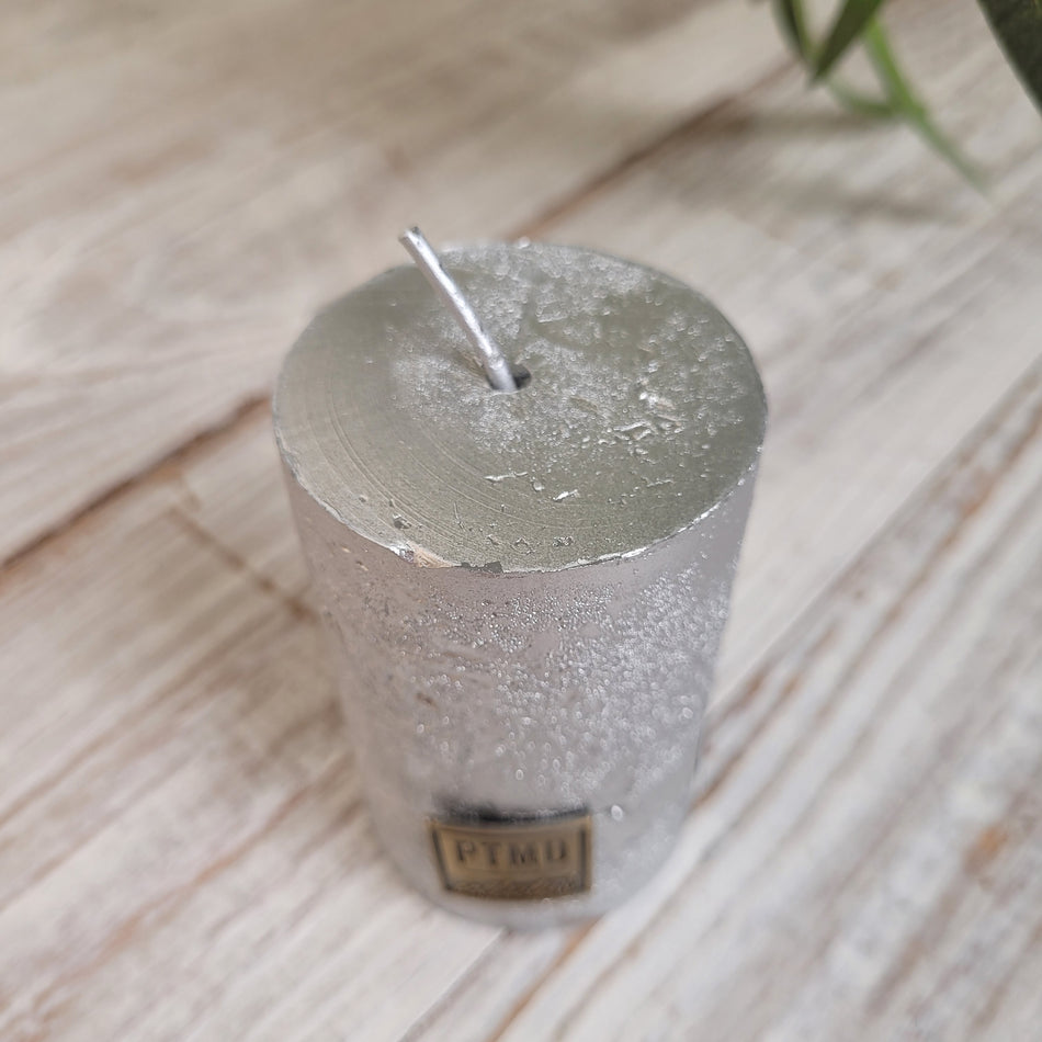 PTMD Stumpenkerze Silber Struktur Rustikal Kerze Deko 8cm