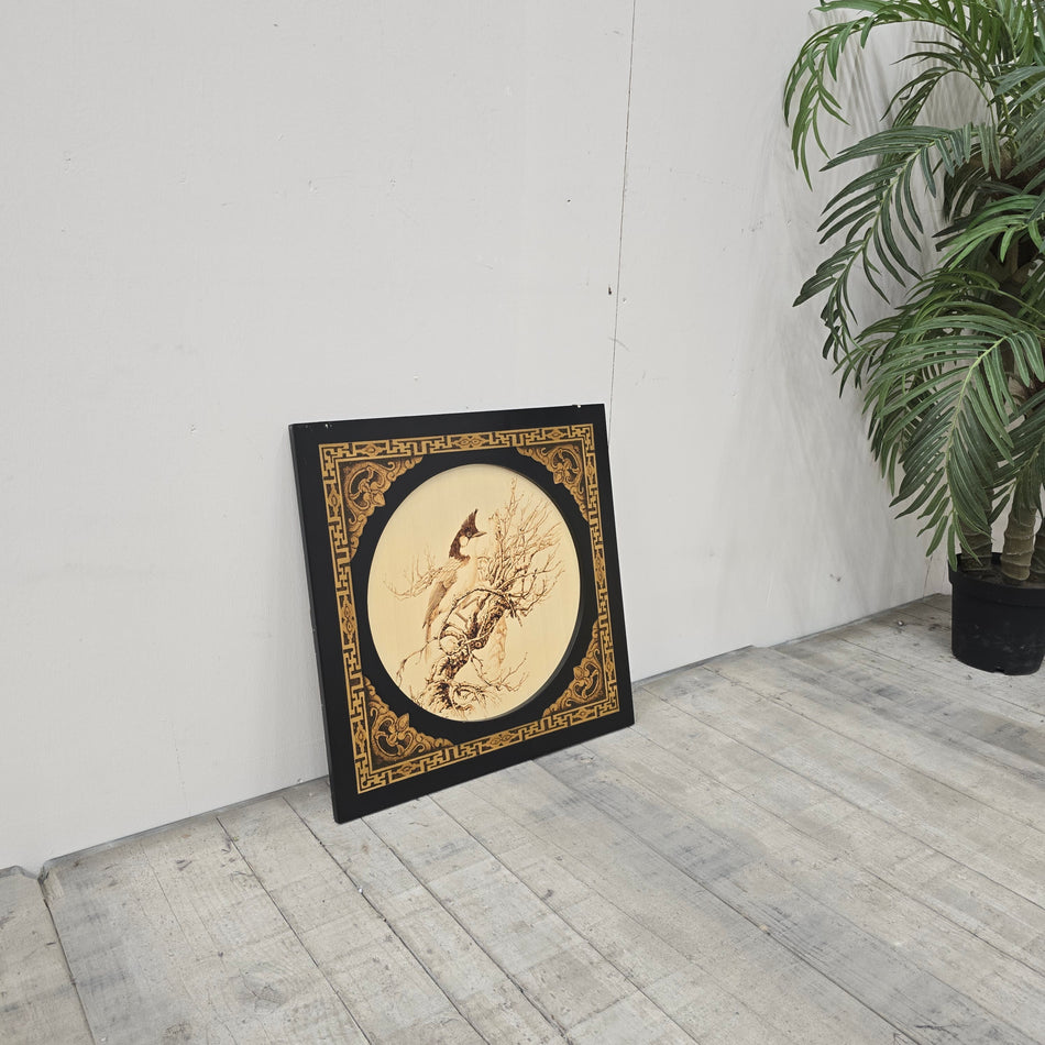 Wandbilld Quadratisch 60x60 Schwarz Gold Asiatischer Stil Vogel Deko
