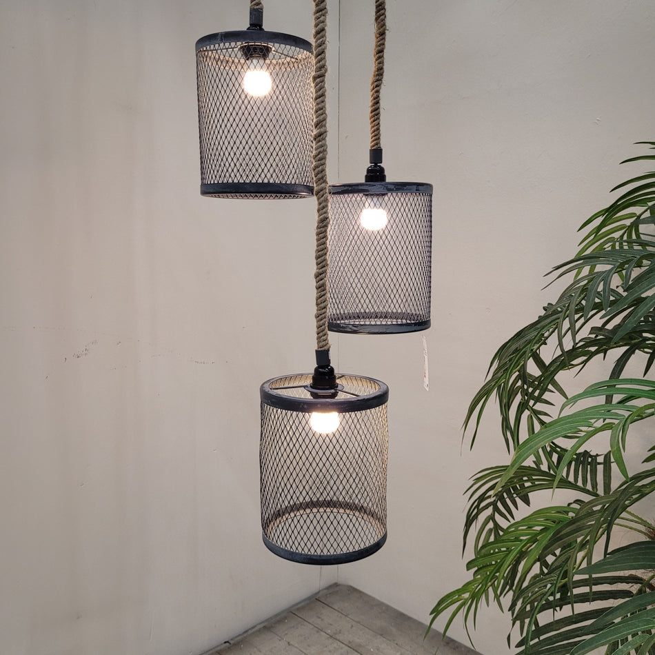 Hängeleuchte Schwarz Metall Industrial-Design Seil 3flammig Lampe Deckenlampe