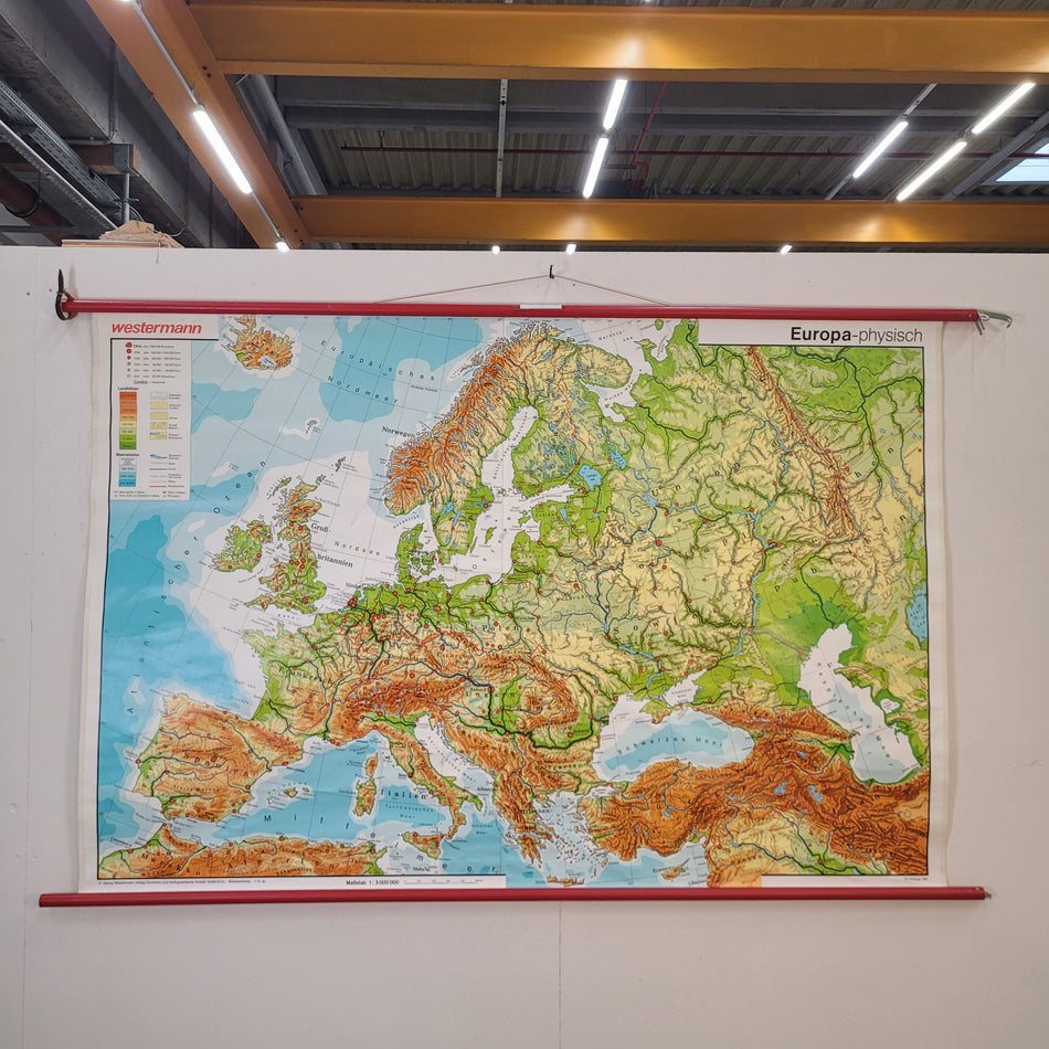 Vintage Schulwandkarte Europa physisch – Lehrtafel Rollbild Wanddeko