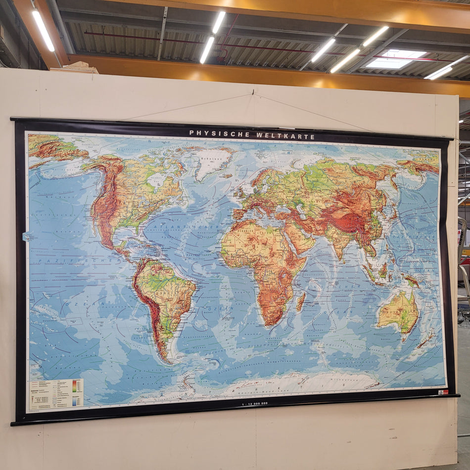 Vintage Schulwandkarte Physische Weltkarte – Lehrtafel Rollbild Wanddeko