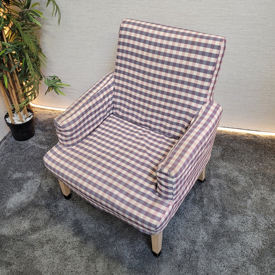 Vintage Sessel kariert blau rosa Stoff Retro Lounge Sessel mit Holzfüßen gemütlich gebraucht
