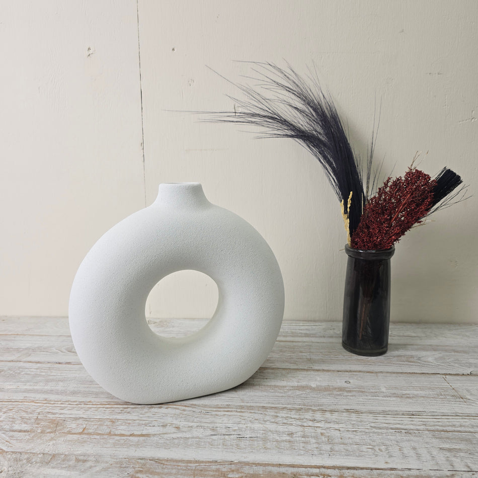 Deko Vase 31cm Donut Ring Weiß Matt Keramik Struktur