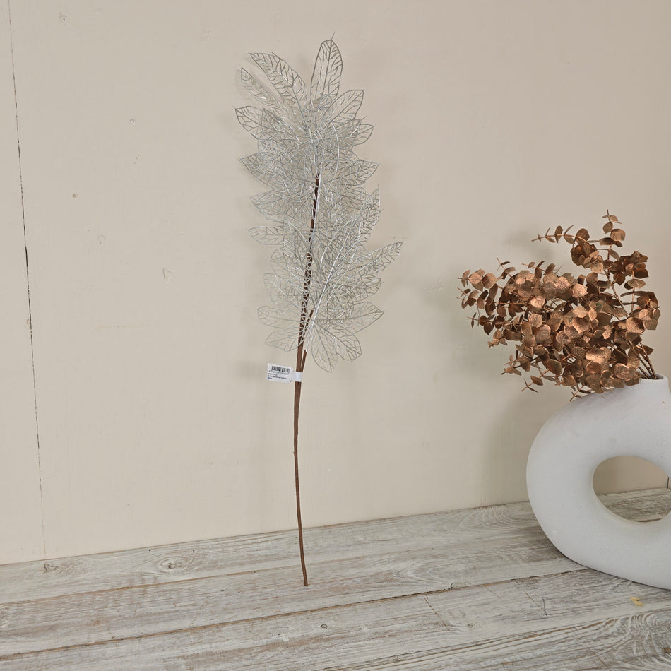 Künstlicher Zweig 80cm Silber mit Blättern Kunstzweig Deko